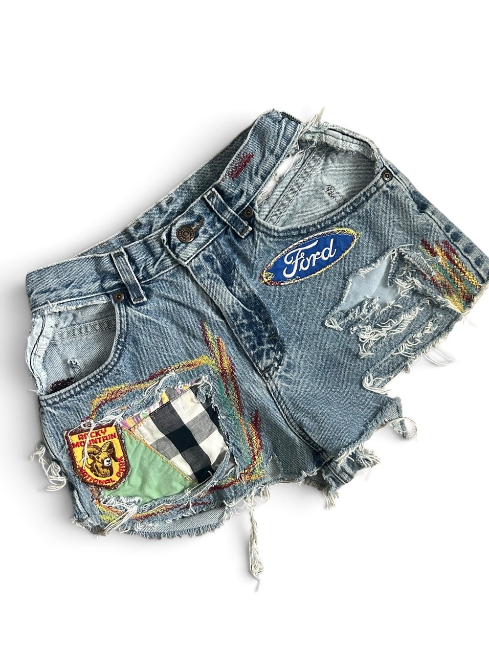 Lee Light Blue Patchwork Distressed Denim Shorts 25”